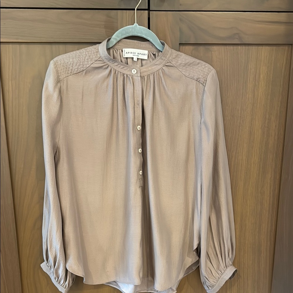 Apiece Apart Tan Blouse with Puff Sleeves and Mandarin Collar